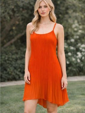 DO+BE Bright Orange Pleated Spaghetti-Strap Mini Dress
